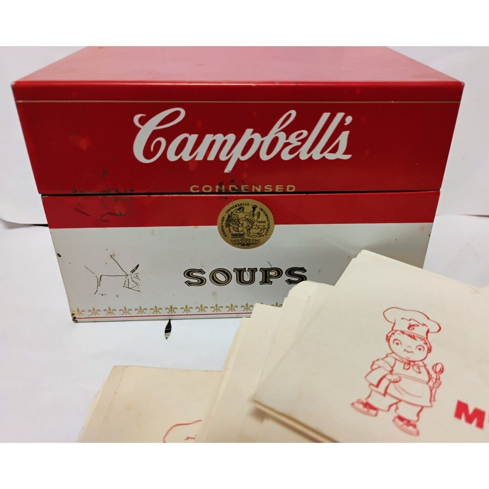 Vintage Campbell's Soup Recipe Box Metal Tin storage With Recipe Cards Vtg